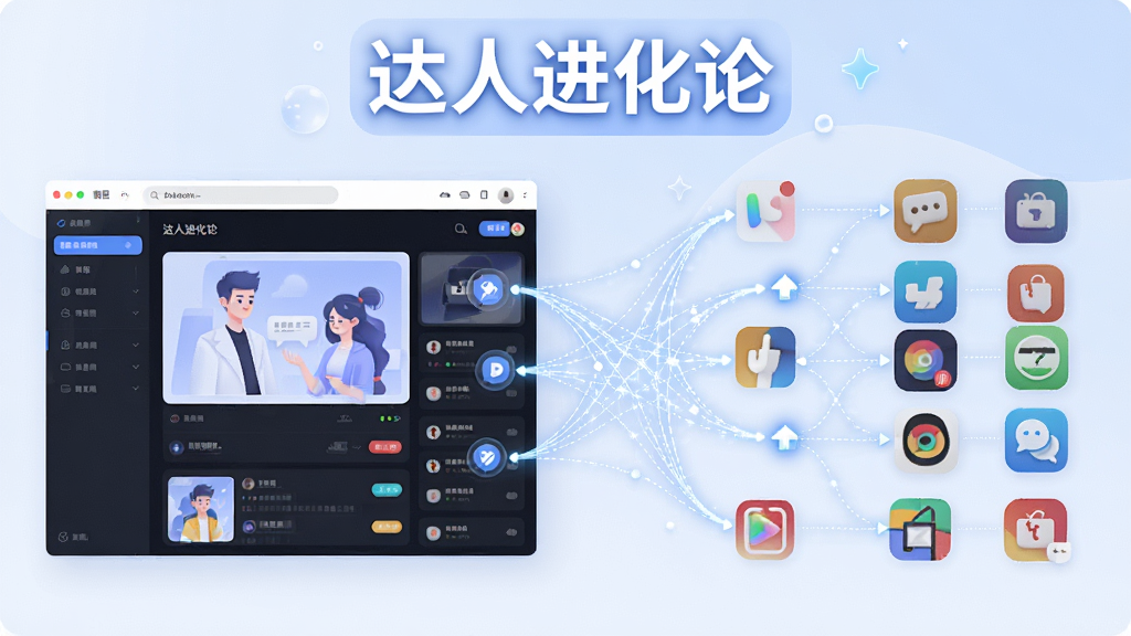 一张功能演示图,画面左侧是达人进化论的编辑后台,右侧并列展示多个社交APP图标,中间有光线连接形成分发网络,图片顶部有“达人进化论”文字标识,采用明亮通透的UI插画风格,布局清晰,细节精致,画质干净。