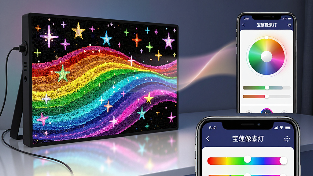 画面主体为一台正在播放绚丽动态灯光秀的宝莲像素灯智能像素灯屏,屏幕上呈现出流动的彩虹色波浪与闪烁的星星图案。布局上,灯屏居中偏左,右侧留出空间展示手机端APP控制界面的悬浮窗,两者通过一道柔和的光线连接。排版采用上下结构,上方为产品展示区,下方为控制界面特写。风格为现代科技感,结合写实渲染与高清UI界面,色调明亮鲜艳。细节上,灯屏像素颗粒清晰可见,手机界面显示“宝莲像素灯”文字与色彩调节滑块。画质为8K超高清,画面干净,无多余元素。
