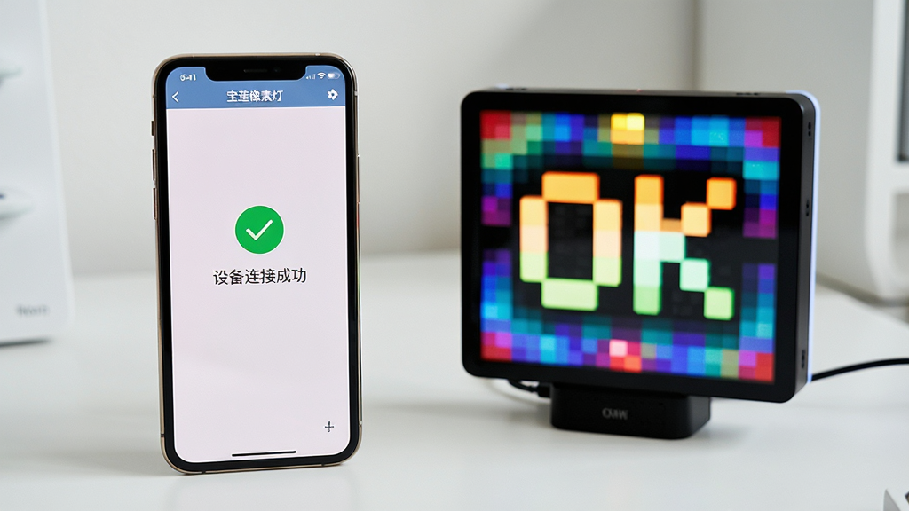 画面主体为一部手机正在运行宝莲像素灯APP,屏幕显示“设备连接成功”的提示,手机旁摆放着一台点亮着彩色图案的像素灯,背景为简洁的室内桌面。布局为手机与灯屏并排,手机屏幕内容清晰可见。排版为平视视角,风格为真实场景拍摄,光线明亮柔和。细节上,手机界面显示“宝莲像素灯”字样与绿色对勾图标,灯屏显示着“OK”字样。画质为超清,画面干净,无多余元素。