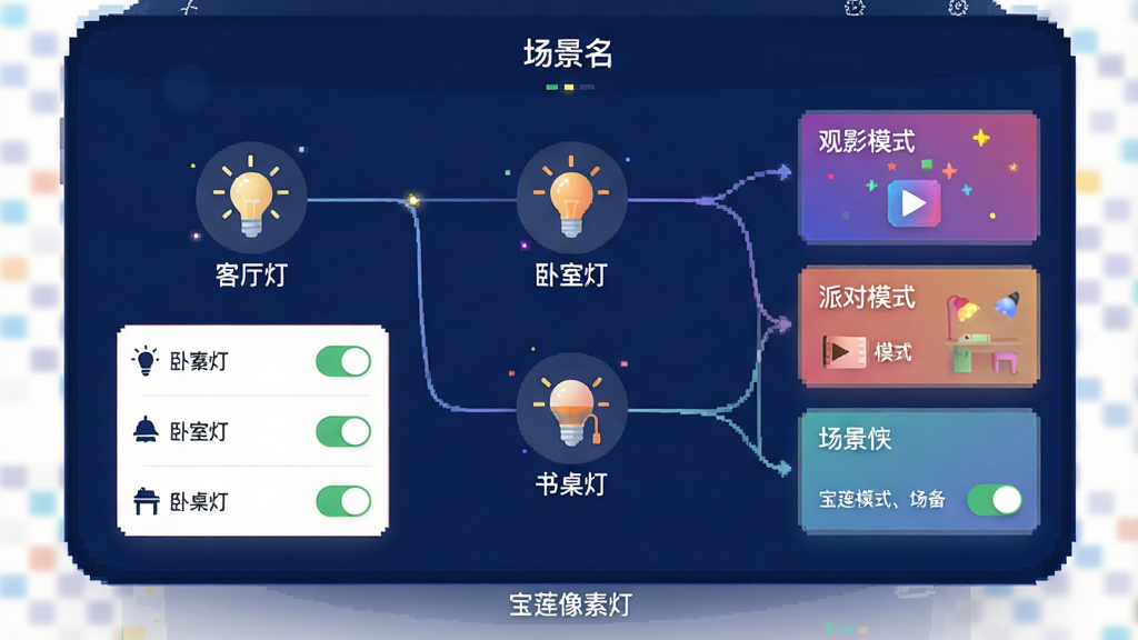 画面主体为宝莲像素灯APP的场景编排界面,中央显示三个设备图标分别标记为“客厅灯”、“卧室灯”、“书桌灯”,它们通过线条连接到“观影模式”、“派对模式”等场景卡片。布局为顶部为场景名称,下方为设备列表与状态开关。排版为卡片式布局,清晰明了。风格为智能家居管理界面风格,以深蓝色为主色调,配有灯光图标点缀。细节上,场景卡片带有渐变底色,屏幕底部显示“宝莲像素灯”字样。画质为高清,界面干净,无多余元素。
