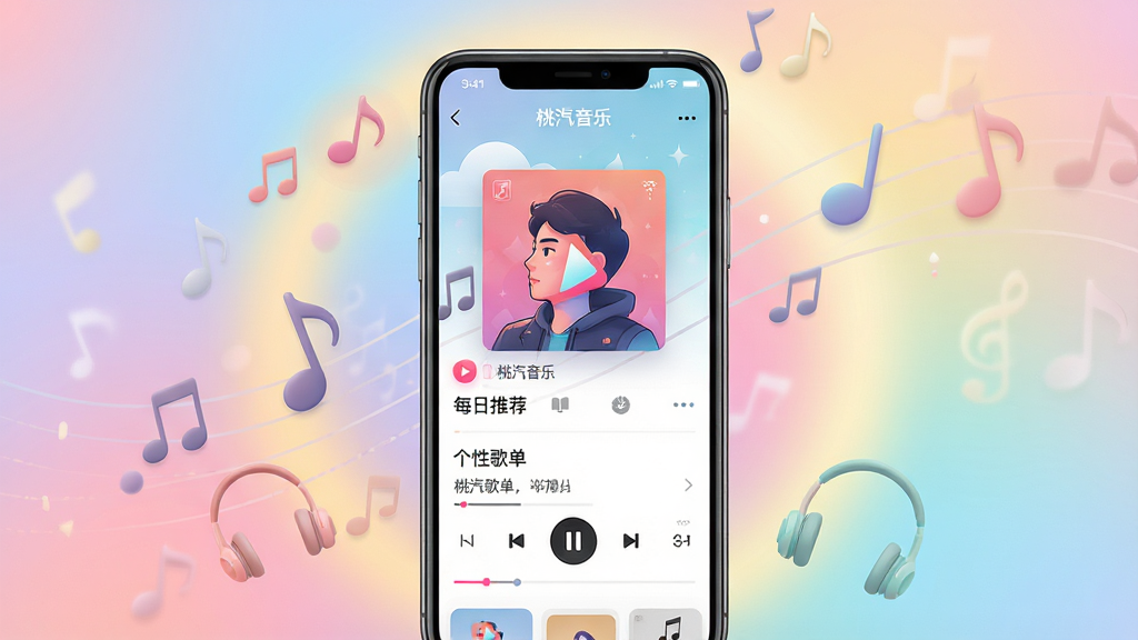 主体为一部亮着屏幕的智能手机,屏幕上展示“桃汽音乐”APP的播放界面,界面显示专辑封面与歌词。布局采用手机居中、背景为柔和渐变色光晕,营造音乐律动感。排版突出界面上的“每日推荐”与“个性歌单”字样,风格为现代扁平结合微拟物,细节表现音符飘浮与耳机元素。画质高清干净,无多余元素。