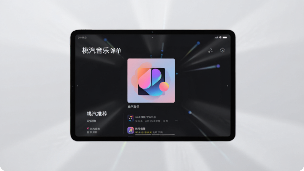 画面中央是一台平板电脑,屏幕显示“桃汽音乐”的每日推荐歌单,歌单封面采用抽象几何图形。背景为浅灰色,搭配柔和高光,布局以平板为主体,周围有光束汇聚。风格为简洁现代,细节突出智能推荐逻辑,画质纯净。
