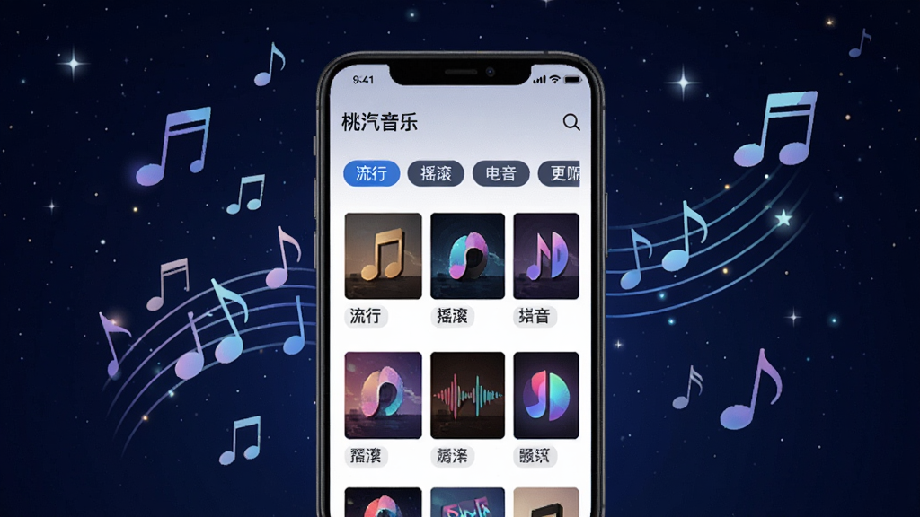 一幅展示音乐库界面的手机截图风格图像,背景为深蓝色星空,手机屏幕显示“桃汽音乐”的曲库分类模块,包括流行、摇滚、电音等标签。布局以手机为主体,周围漂浮着音符图案,风格为科技感插画。细节强调曲库的丰富性与更新速度,画质干净明亮。
