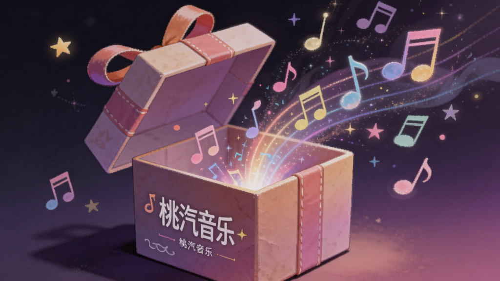 一个带有“桃汽音乐”字样的礼物盒被打开,从中飘出彩色音符与光芒,背景为暗紫色渐变。布局主体为打开的盲盒,周围散布星星与音符,风格为梦幻插画,细节表现神秘感与探索乐趣,画质细腻。