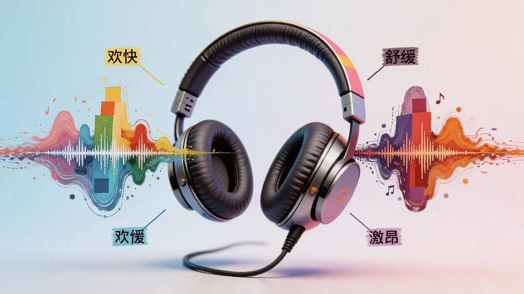画面中心为一只耳机,耳机线化作彩色流动的声波,不同色块代表不同情绪分区,周围有“欢快”、“舒缓”、“激昂”等小标签。背景为浅蓝到浅粉渐变,风格为抽象艺术,布局以耳机为主体,细节丰富,画质精致。