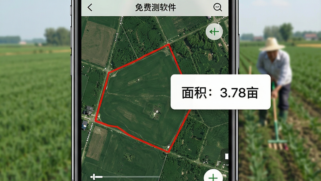 画面主体为手机测亩仪免费测软件运行界面特写,界面显示绿色卫星地图上有一个用红线标出的不规则多边形地块,旁边弹出白色数据卡片标注“面积:3.78亩”,背景虚化为农田实景,画面清晰明亮,突出测量功能与精准数据,采用手机竖屏展示布局,写实风格,高清画质,干净无多余元素