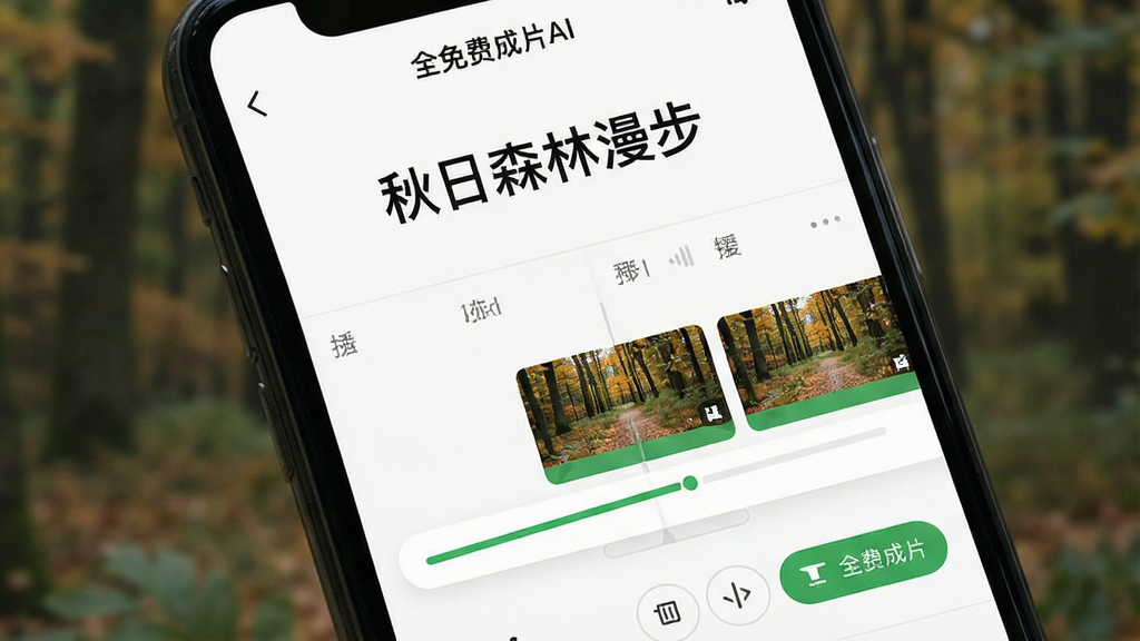 一张手机界面特写图,主体是“全免费成片AI”的AI成片过程,屏幕显示一行文字“秋日森林漫步”,下方自动生成视频轨道和缩略图,布局左右分明,排版整洁,风格清新自然,细节有绿色进度条和编辑按钮,画质清晰,干净无多余元素