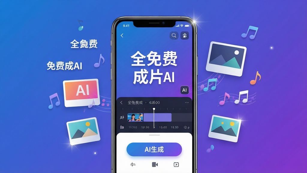 一张横版海报风格的概念图,主体是智能手机屏幕中展示“全免费成片AI”的App界面,界面有视频时间线和AI生成按钮,周围漂浮着文字、图片、音符等创作元素,布局居中,排版清晰,背景为渐变的科技蓝紫色,整体风格现代简约,细节包括界面上的图标高光,画质8K,干净无多余元素