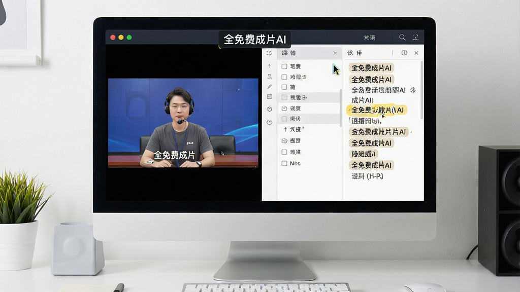 一张桌面工作台场景,主体是电脑显示器上显示“全免费成片AI”的直播话术编辑界面,左侧是直播画面预览,右侧是话术段落列表,布局对称,排版整齐,风格商务现代,细节有光标闪烁和文字高亮,画质高清,干净无多余元素
