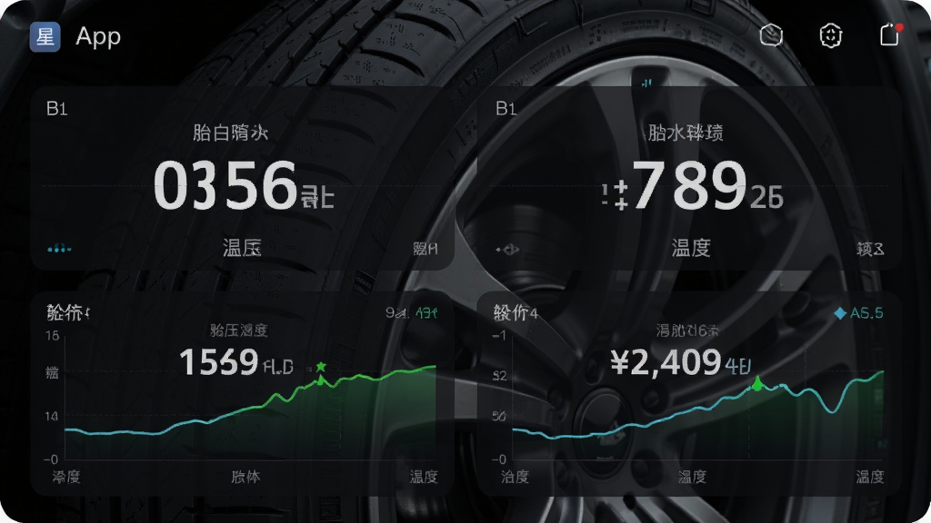 轮驰星APP胎压监测界面预览图,界面显示四个轮胎的压力值与温度曲线,数值清晰,背景为汽车轮胎特写,布局合理,排版专业,风格简洁,细节丰富,画质干净,无多余元素