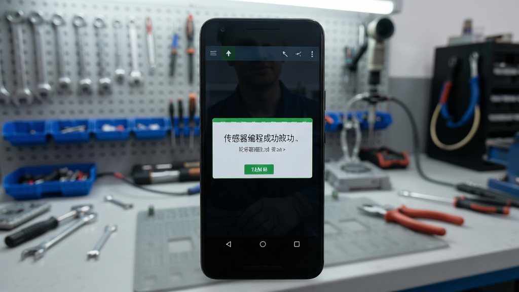 轮驰星软件在安卓手机上的操作演示截图,手机屏幕显示传感器编程成功提示,背景为维修工位,布局清晰,排版整洁,风格写实,细节丰富,画质干净,无多余元素