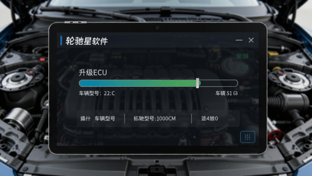 轮驰星软件进行车辆ECU升级操作界面预览图,屏幕上显示升级进度条与车辆型号信息,背景为汽车发动机舱,布局直观,排版清晰,风格科技感,细节丰富,画质干净,无多余元素