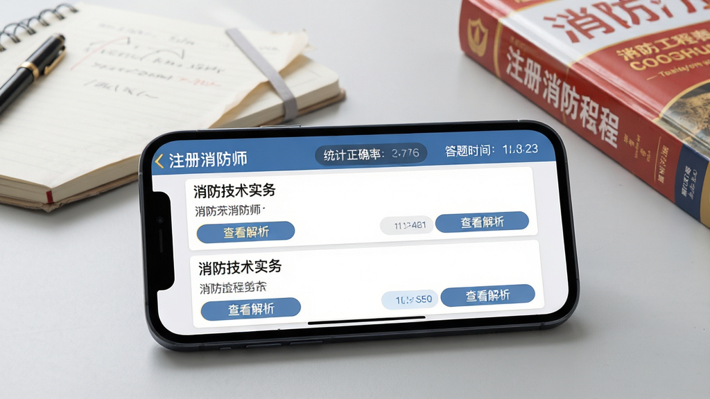 手机横屏展示“注册消防师”真题练习界面,屏幕上显示消防技术实务单选题列表,每道题下方有“查看解析”按钮,上方统计正确率与答题时间,背景为淡灰色书桌,摆放笔记本与消防工程书籍,整体风格写实且干净明亮,细节真实,画质高清,无多余元素