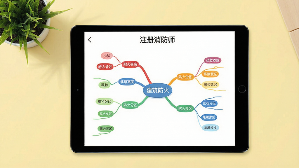 一张教育类APP功能展示图,平板上展示“注册消防师”思维导图界面,中心主题为“建筑防火”,向外延伸出“耐火等级”“防火分区”“疏散宽度”等彩色分支,风格简洁明快,背景为浅黄色桌面摆放绿植,扁平化UI设计,画质干净,无多余元素