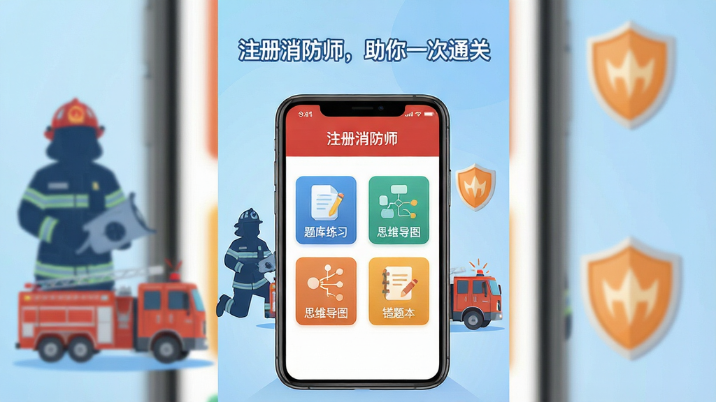 一张竖版海报风格的教育软件宣传图,主体为智能手机屏幕展示“注册消防师”应用界面,界面中清晰显示“题库练习”“思维导图”“错题本”等模块图标,背景为浅蓝色渐变与消防员剪影、消防车、防火盾牌等元素,布局居中,排版简洁,文字标题为“注册消防师,助你一次通关”,现代扁平化插画风格,细节丰富,画质高清干净,无多余元素