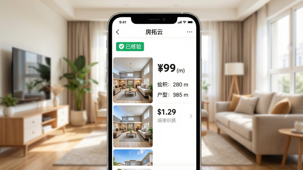 主体:房拓云APP房源详情页展示,背景为明亮整洁的客厅实景;布局:手机屏幕居中,左侧展示房源照片轮播,右侧显示房源价格、面积、户型等关键信息;排版:页面顶部为“房拓云”导航栏,下方清晰标注“已核验”绿色标签,信息层级分明;风格:写实摄影与UI界面结合,色调温馨自然;细节:房源图片清晰真实,价格字体醒目,核验标识明显;画质:高清细腻,光线充足,无多余元素