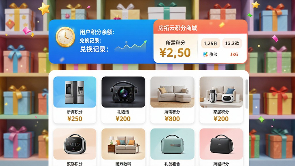 主体:房拓云积分商城页面,背景为多彩礼品展示墙;布局:页面分为上下两区,上区展示用户积分余额与兑换记录,下区为礼品列表(家电、数码、家居用品等);排版:礼品卡片采用网格布局,每张卡片含图片、名称与所需积分值;风格:活泼明亮,色彩鲜艳,营造奖励氛围;细节:积分数字用金色突出,礼品图片精致;画质:4K,清晰锐利,无多余元素