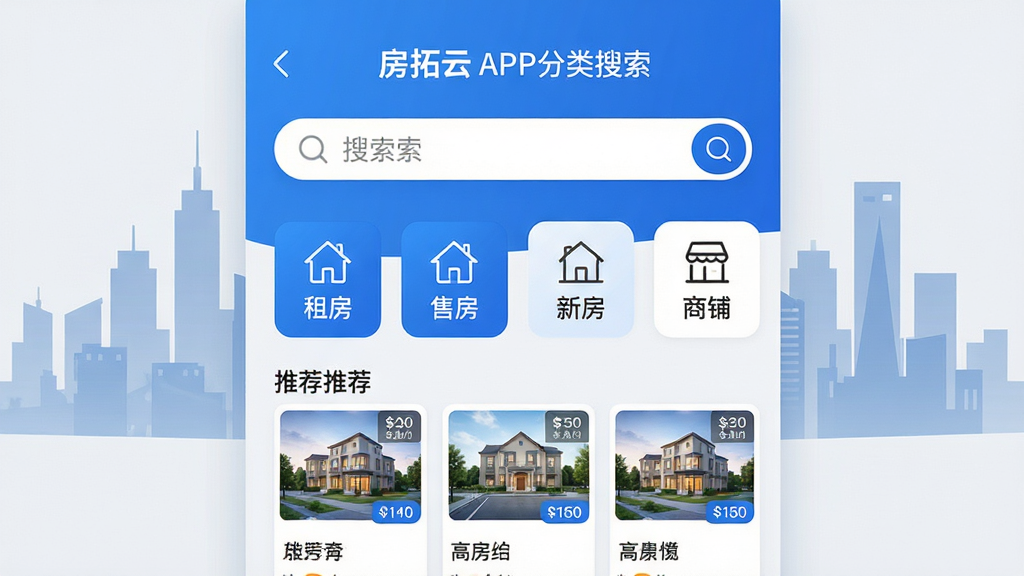 主体:房拓云APP分类搜索界面,背景为城市天际线剪影;布局:界面中央展示搜索框与分类图标(租房、售房、新房、商铺),下方列出推荐房源卡片;排版:分类图标采用圆角矩形排列,搜索框置于顶部,整体布局简洁直观;风格:现代商务风,蓝白配色搭配浅灰背景;细节:每个分类图标配有简洁线条图标,房源卡片显示缩略图与价格标签;画质:高清,色彩明快,无多余元素