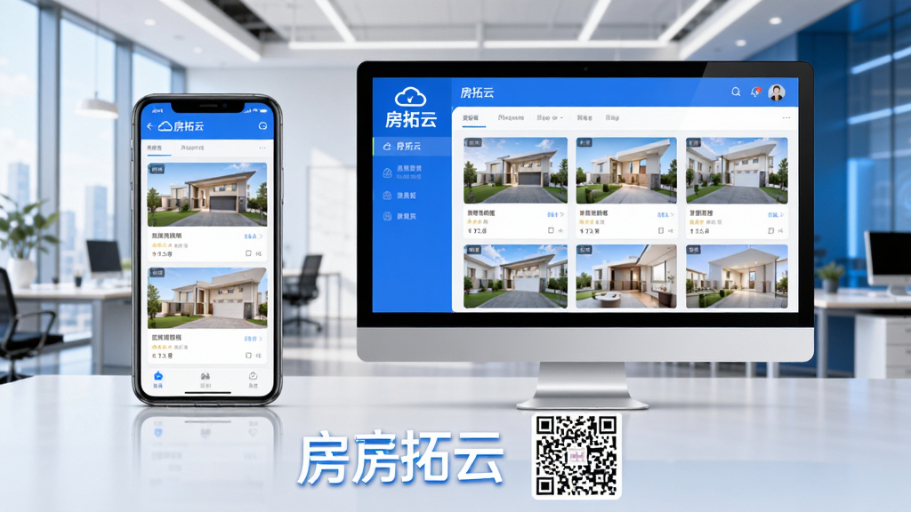 主体:手机与电脑并排展示房拓云应用界面,背景为现代办公室场景;布局:手机置于左侧,电脑屏幕位于右侧,两者显示同一房源列表页面;排版:画面下方放置“房拓云”品牌名称与下载二维码,整体均衡;风格:商务科技感,蓝白配色,光线明亮;细节:屏幕内容清晰可辨,二维码完整;画质:高清,无多余元素