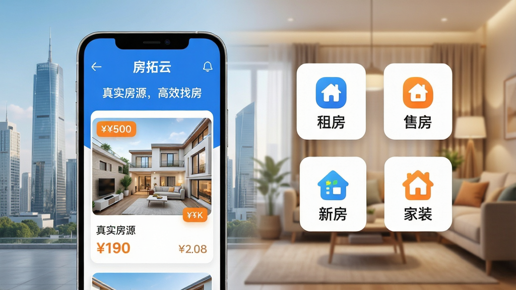 主体:智能手机屏幕展示房拓云APP界面,背景为现代城市建筑群与温馨家居环境融合;布局:手机居中偏左,右侧留白展示APP核心功能图标(租房、售房、新房、家装)悬浮排列;排版:界面清晰显示“房拓云”品牌LOGO与“真实房源,高效找房”宣传语,功能图标采用圆角卡片式设计;风格:现代扁平化,色彩清新明亮,以蓝色与白色为主色调,搭配少量橙色点缀;细节:屏幕内房源图片清晰,价格标签醒目,整体画面干净通透;画质:4K超清,光线柔和,细节丰富,无多余元素