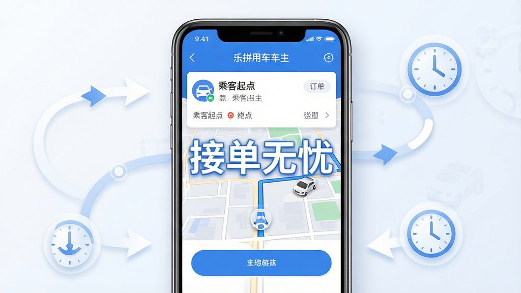 主体:手机屏幕放大图,显示乐拼用车车主的订单详情页面,包含乘客起点终点和导航按钮。布局:手机位于画面中央,周围有简洁的线路箭头和时钟图标。排版:屏幕内文字清晰,突出“接单无忧”字样。风格:写实与UI结合风格,界面以蓝白为主。细节:屏幕上有模拟的路线地图和车辆图标。画质:超清,干净,无多余元素。