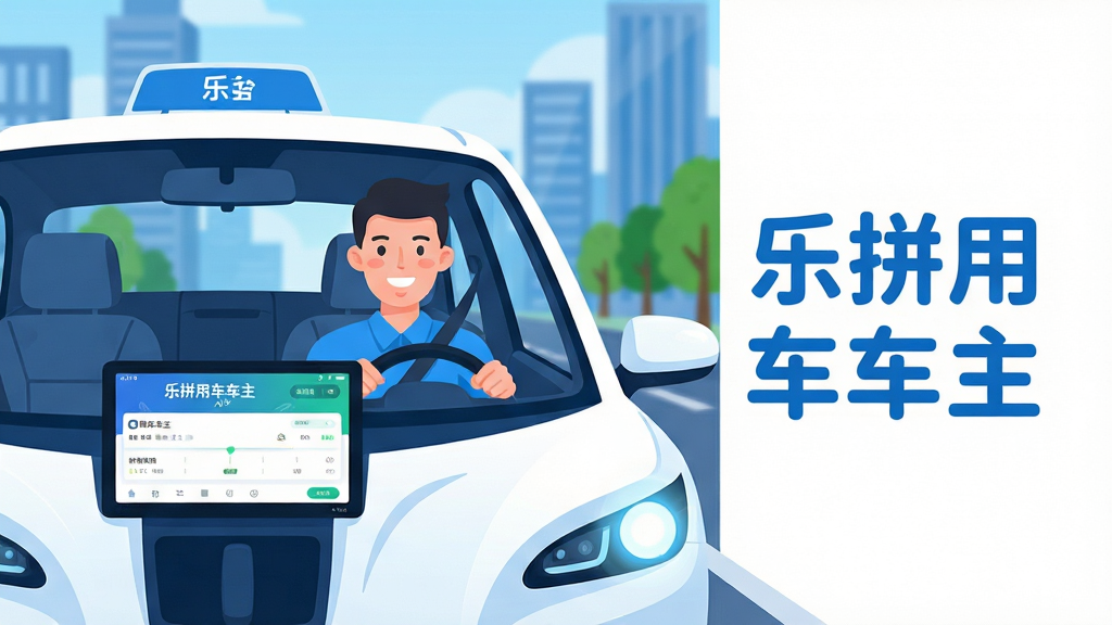 主体:一辆白色网约车行驶在城市道路上,车内中控屏幕清晰显示“乐拼用车车主”APP的接单界面,司机面带微笑。布局:车辆位于画面中央偏左,右侧留白可放置文字“乐拼用车车主”。排版:文字置于画面右侧,采用圆润字体,与APP风格一致。风格:现代扁平插画风格,色彩明亮,以蓝色和白色为主色调。细节:车灯发光,背景有模糊的城市高楼和绿色树木。画质:高清,干净,无多余元素。