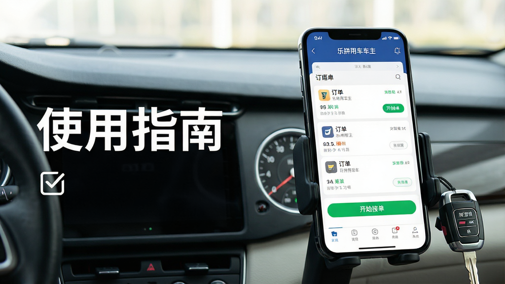主体:一部手机放在车载支架上,屏幕显示“乐拼用车车主”主界面,旁边有车辆钥匙。布局:手机位于画面中央偏右,左侧有“使用指南”文字和勾选图标。排版:文字醒目,采用无衬线字体,与APP风格统一。风格:明亮写实风格,背景为车内仪表盘。细节:屏幕清晰显示订单列表,有绿色“开始接单”按钮。画质:高清,干净,无多余元素。