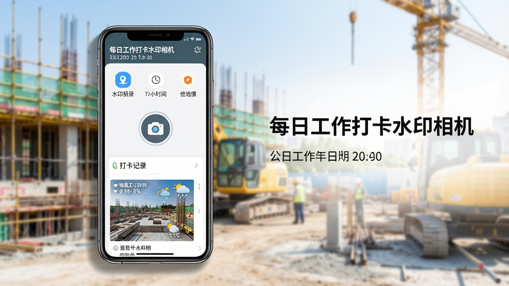 主体:一部智能手机屏幕显示“每日工作打卡水印相机”应用主界面,背景是清晰的户外工地场景;布局:手机居中偏左,右侧留白添加文字说明区域,顶部显示应用名称“每日工作打卡水印相机”及日期时间水印;排版:界面简洁,功能图标排列整齐,突出水印相机拍摄按钮和打卡记录列表;风格:写实与扁平化结合,色彩明亮自然,突出专业与科技感;细节:手机屏幕内展示带有地理位置、时间、天气水印的实拍照片样例,周围有轻微阴影增强立体感;画质:高清渲染,干净无多余元素。