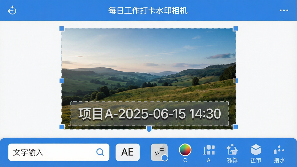 主体:展示“每日工作打卡水印相机”的自定义水印编辑界面;布局:中心为一幅风景照,下方横向排列工具栏,包含文字输入框、字体选择、颜色调整等图标;排版:界面清晰,水印文字以半透明阴影浮于照片底部,可移动位置;风格:扁平化UI设计,主色调为蓝色与白色,简洁直观;细节:照片上水印内容为“项目A-2025-06-15 14:30”,并显示可拖拽的虚线框;画质:高清界面截图风格,干净无多余元素。