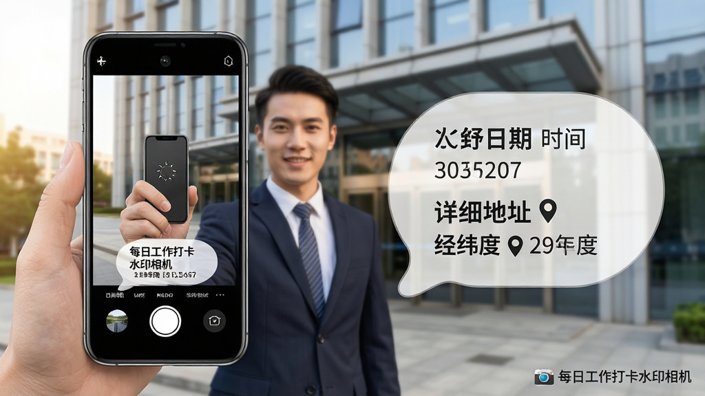 主体:一张“每日工作打卡水印相机”拍摄的示例照片,画面为商务人士站在办公楼前使用手机打卡;布局:左侧展示手机实物,右侧以气泡形式突出显示水印细节(日期、时间、详细地址、经纬度);排版:水印字体清晰醒目,位置在照片底部,不遮挡主体内容;风格:真实摄影与UI界面结合,色调自然偏暖;细节:照片右下角带有“每日工作打卡水印相机”的小型logo水印,增强品牌识别度;画质:细腻清晰,干净无多余元素。