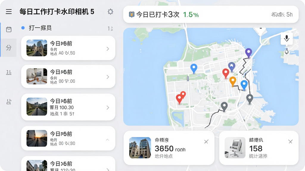 主体:“每日工作打卡水印相机”的打卡记录列表页面;布局:左侧为日期分组列表,右侧显示地图轨迹点,底部有统计摘要卡片;排版:采用卡片式设计,每条记录包含缩略图、时间、地点;风格:商务简约风,背景为浅灰色,卡片白色带圆角阴影;细节:顶部有“今日已打卡3次”的统计,地图上标记多个位置点;画质:高清界面截图,干净无多余元素。