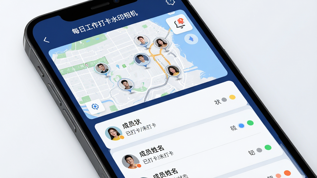 主体:展示“每日工作打卡水印相机”的团队管理界面,手机屏幕上显示成员列表和实时位置地图;布局:上方为地图,下方以列表展示成员姓名、状态(已打卡/未打卡),并用彩色小圆点标识在线状态;排版:信息层级分明,成员卡片可点击展开详情;风格:现代商务风格,背景深蓝色,卡片浅色,强调数据可视化;细节:地图上显示多个成员头像标记,右上角有通知图标;画质:高清渲染,干净无多余元素。