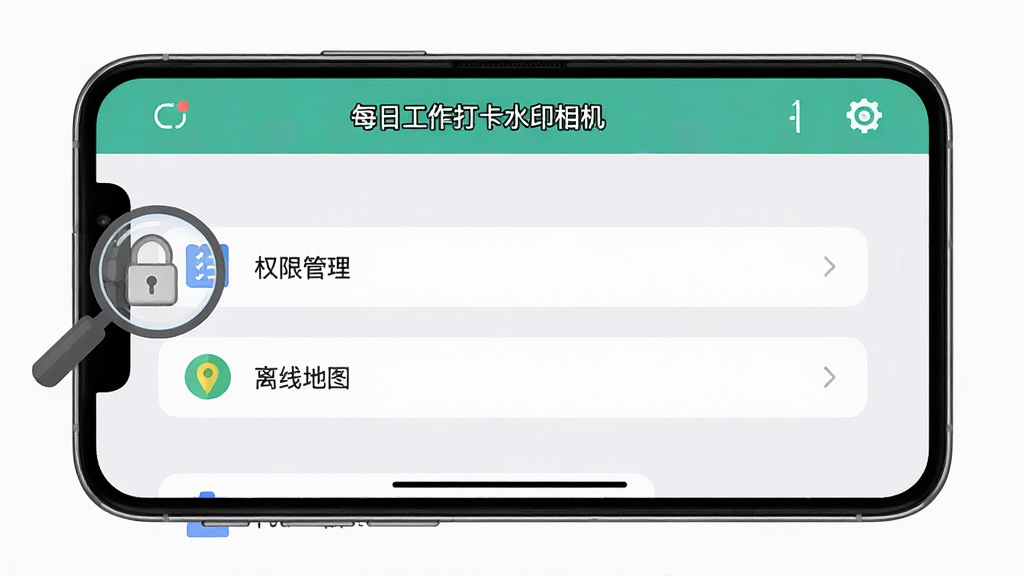 主体:一部智能手机横屏展示每日工作打卡水印相机的“设置”界面,重点标出权限管理选项;布局:手机上显示设置列表,左侧有放大镜图标突出“权限管理”和“离线地图”功能;排版:文字清晰,背景为浅色;风格:扁平化图标,界面简洁;细节:屏幕顶部显示“每日工作打卡水印相机”字样;画质:高清截图,干净无多余元素。