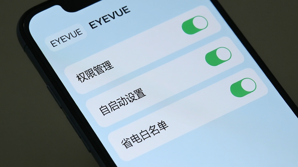 一张手机屏幕显示EYEVUE设置界面的截图,界面上有“权限管理”、“自启动设置”、“省电白名单”等选项,背景为浅蓝色,风格简约,布局清晰,排版整齐,细节包括开关按钮状态,画质干净无多余元素,界面顶部有“EYEVUE”字样