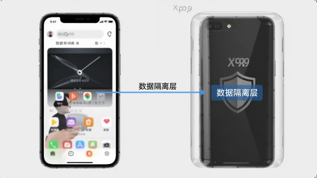 一张对比图,左侧为普通手机界面,右侧为被透明防护罩覆盖的“X99沙箱”空间,防护罩上标注“数据隔离层”,左右两侧数据互不连通,背景为干净的浅灰色,整体风格简洁明了,画质清晰,无多余元素