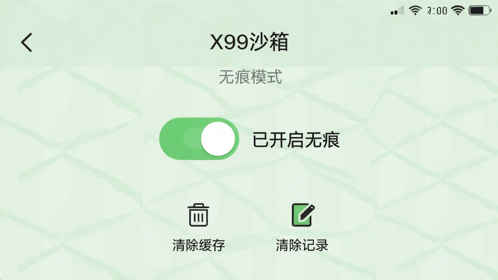 一张手机截图,展示“X99沙箱”的“无痕模式”开关界面,背景为浅绿色,界面中央有一个醒目的开关按钮,按钮旁标注“已开启无痕”,下方有“清除缓存”、“清除记录”两个小图标,整体风格简洁清爽,画质清晰,无多余元素