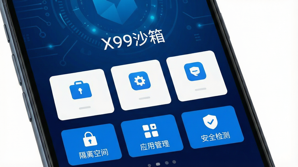 一张智能手机屏幕截图,屏幕中央显示“X99沙箱”主界面,背景为深蓝色科技感渐变,界面以简洁的卡片式布局呈现,图标采用扁平化设计,色彩以蓝白为主,整体风格现代且富有安全感,界面下方有“隔离空间”、“应用管理”、“安全检测”三个主要功能按钮,画质清晰细腻,无多余元素