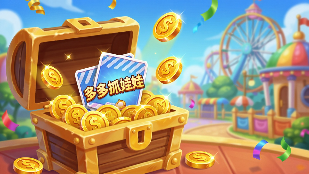 画面主体为打开的金色宝箱,从中涌出大量闪闪发光的游戏币和一张写有“多多抓娃娃”的卡片,背景是欢快的乐园场景;布局采用宝箱居中偏左,右侧预留文字区域;排版喜庆热闹,风格卡通插画;细节包括币面反光、彩带飘落和柔和光晕,画质极清通透,无多余元素