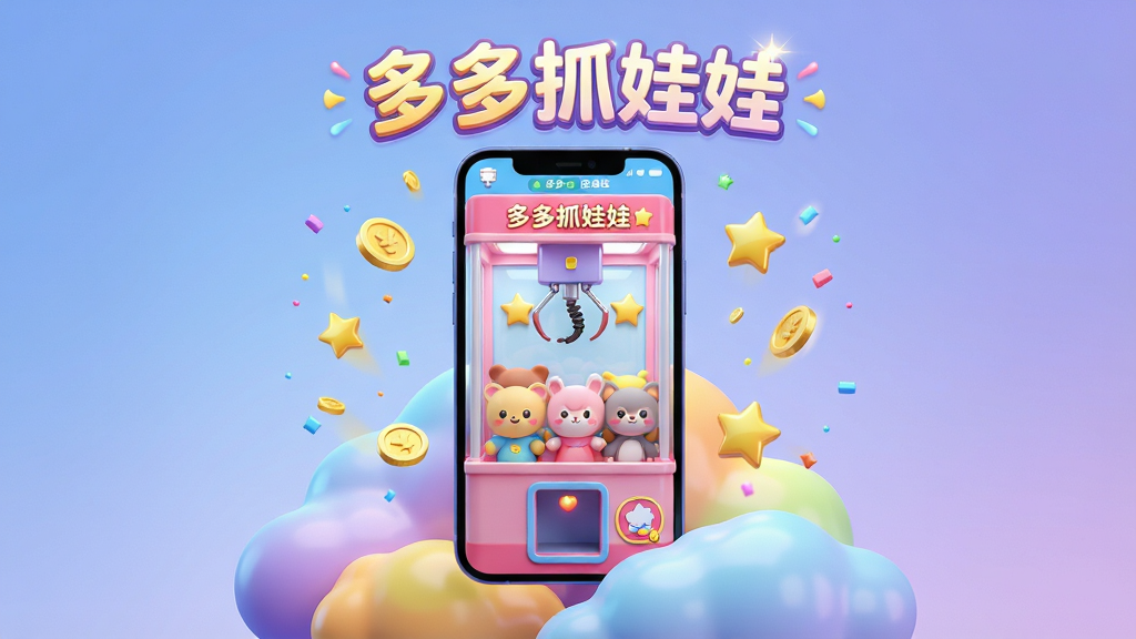 画面主体为一部手机悬浮于多彩云端,屏幕中显示多多抓娃娃App的抓娃娃界面,界面里有清晰的娃娃机内部和可爱玩偶,周围有金币和星星点缀;布局采用手机居中构图,上方有光效标题“多多抓娃娃”;排版简洁明快,背景为柔和渐变蓝紫色,风格卡通3D渲染,细节包括高光质感和动态粒子,画质8K超清,干净无多余元素