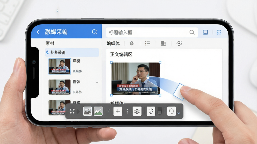 图片主体为手机横屏操作界面,展示“融媒采编”软件中稿件编辑页面,包含多媒体素材工具栏。布局为左右分栏,左侧为素材列表,右侧为编辑区。排版整洁,顶部有“标题输入框”与“正文编辑区”。风格为扁平化UI设计结合真实新闻图片素材。细节上,显示图片拖拽入稿件的操作轨迹。画质清晰,干净无多余元素。