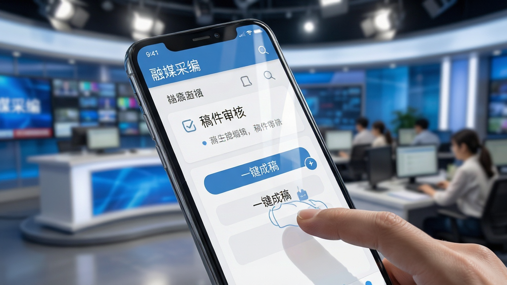 画面主体为一款名为“融媒采编”的安卓手机应用界面特写,手机屏幕清晰显示稿件编辑后台,背景为虚化的新闻演播室与忙碌的编辑团队。布局采用中心构图,手机略微倾斜,突出应用界面。排版干净,界面中文字标签如“稿件审核”、“一键成稿”清晰可见。风格为现代科技感写实风格,结合明亮通透的演播室光线。细节上,屏幕反光与手指点击动作自然。画质为超高清8K,干净无多余元素。