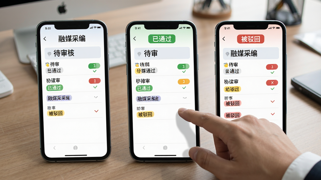图片主体为多部手机并排展示,屏幕上显示“融媒采编”的稿件审核列表,不同状态用彩色标签标识。布局采用平铺展示,突出协同办公主题。排版清晰,顶部有“待审”、“已通过”、“被驳回”等文字标签。风格为现代商务写实风,背景为办公室桌面。细节上,有一只手正在点击屏幕进行审批操作。画质为高清,干净无多余元素。