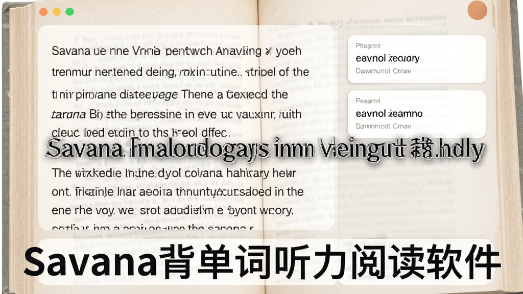 展示Savana背单词听力阅读软件阅读界面的图片,左侧显示英文文章段落,右侧或底部有单词释义卡片,背景为浅色书籍纹理,风格简洁明亮,突出