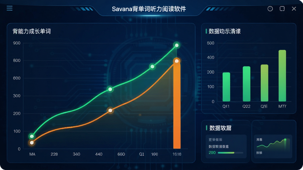 展示Savana背单词听力阅读软件能力成长曲线图的界面,包含折线图、柱状图和数据统计卡片,背景为深蓝色科技风格,图表线条用亮绿色和橙色表示,文字标注