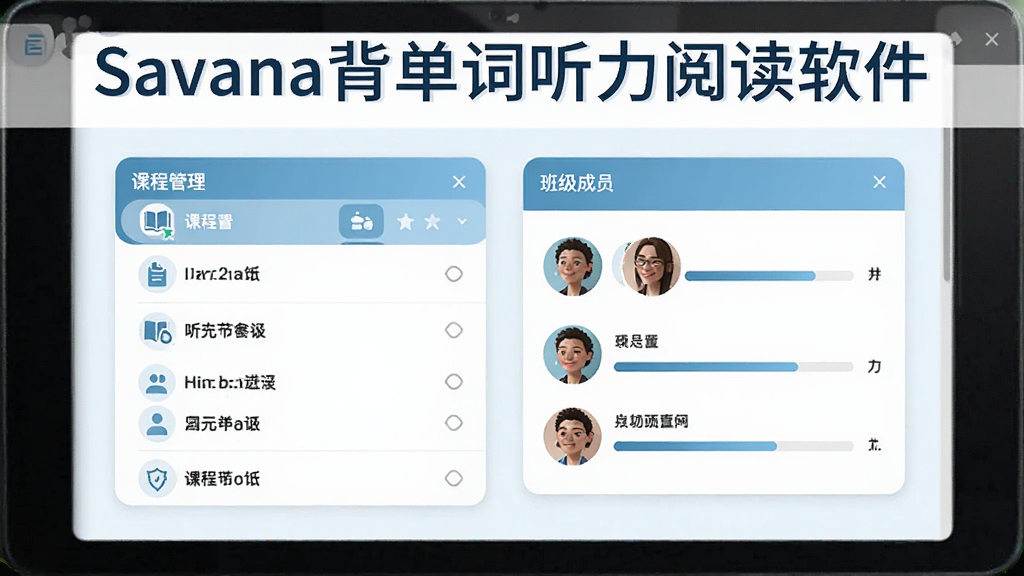 展示Savana背单词听力阅读软件班级管理界面的示意图,界面中有课程列表、班级成员头像和进度条,整体风格商务清晰,采用卡片式布局,颜色以浅蓝和白色为主,画质干净,包含