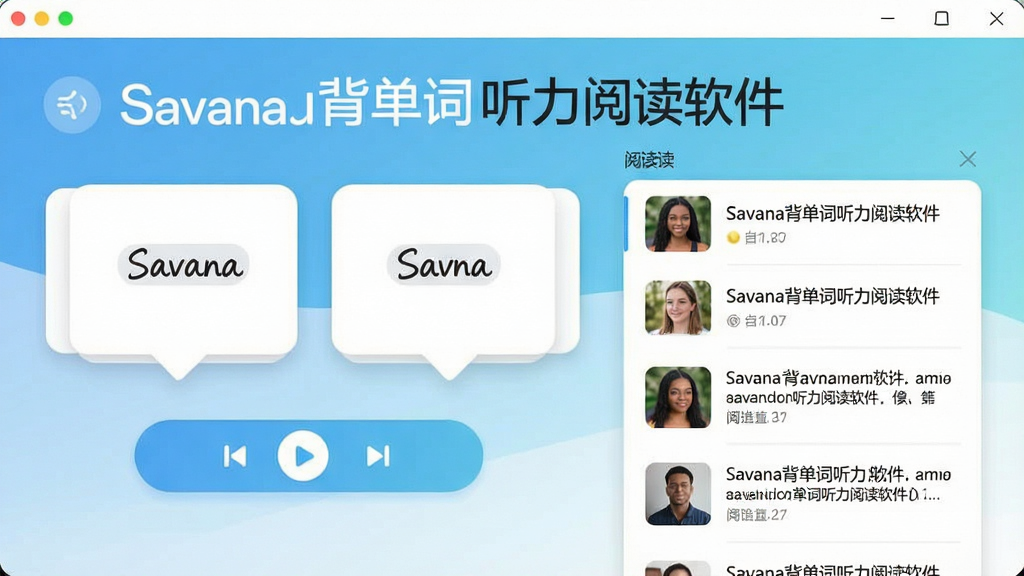 一张展示Savana背单词听力阅读软件主界面的高清截图,界面布局清晰,包含单词卡片、听力播放按钮和阅读文章列表,背景为清新的蓝白渐变色调,整体风格简约现代,画质干净,无多余元素,文字标注
