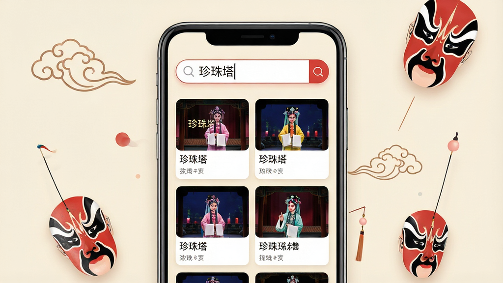 一幅戏嗨APP界面设计概念图,展示其智能搜索与分类功能。画面主体是一个智能手机界面,屏幕上搜索框内输入