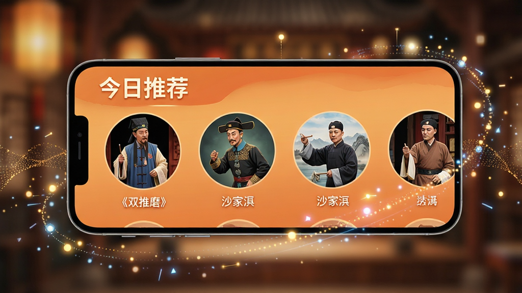 展示戏嗨APP个性化推荐功能的手机界面图,界面以暖色调为主,顶部有