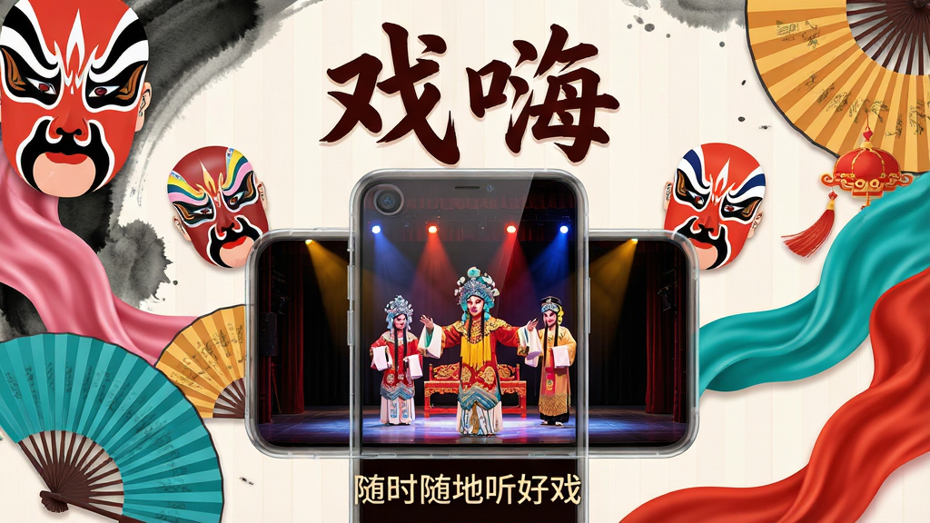一幅以中国传统戏曲舞台为背景的现代手机应用宣传图,画面中央是半透明的手机屏幕,屏幕内正在播放一出精彩的锡剧演出,演员身着华丽戏服,舞台灯光璀璨。手机周围点缀着京剧脸谱、折扇、丝绸等元素,色彩浓郁喜庆。图片布局采用居中对称,上方有醒目的