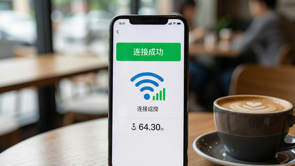 主体:一部智能手机屏幕显示WiFi钥匙全民助手“一键连接”成功界面,旁边有咖啡杯。布局:手机位于画面中央,屏幕内容清晰可见,背景为咖啡馆环境。排版:屏幕上方有“连接成功”绿色提示,下方显示网络速度。风格:生活化场景摄影风格,光线柔和。细节:手机上显示WiFi图标和信号满格,咖啡杯反射屏幕光。画质:高清细节,干净无多余元素。